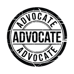 Circular stamp graphic with the word advocate repeated