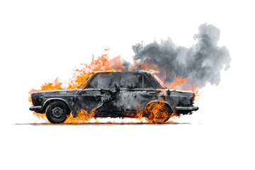 Vintage car engulfed in flames and smoke on a white background