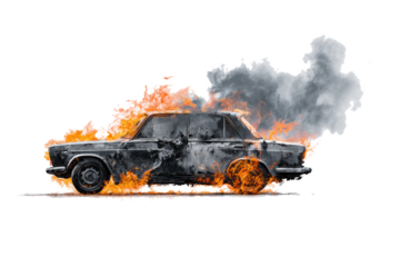Vintage car engulfed in flames and smoke on a white background