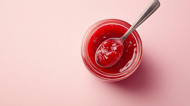 Delicious red fruit conserve in jar with a spoon against a pink backdrop. Homemade preserves, sweet treat, fresh from the kitchen. Minimal composition.