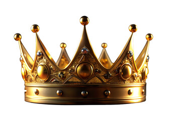 An ornate golden royal crown with intricate detailing and pointed jewels against a stark black background