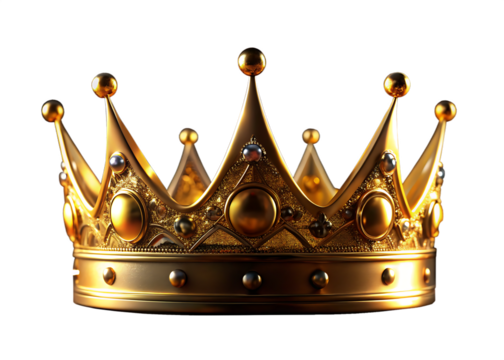 An ornate golden royal crown with intricate detailing and pointed jewels against a stark black background