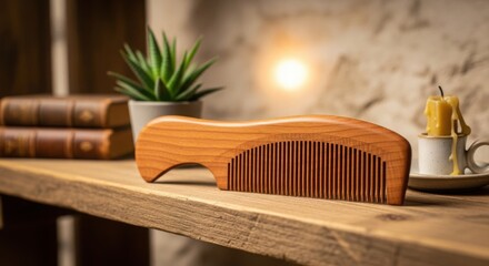 Wooden hair comb on rustic shelf with plant and books