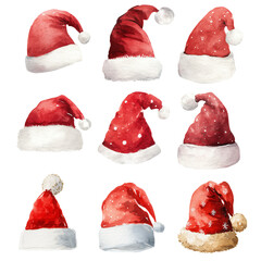 Set of watercolor Christmas Santa Claus hats on transparent background