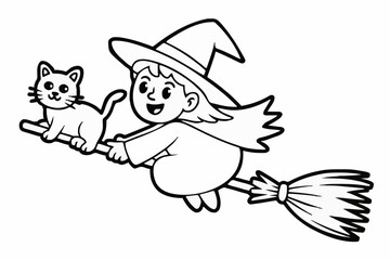 Fototapeta premium Cute Witch Flying on Broom with Cat Cartoon Vector – Black and White Line Art Generative AI