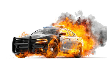 Police car engulfed in flames and smoke against a white background