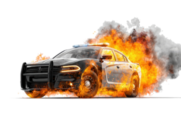 Police car engulfed in flames and smoke against a white background