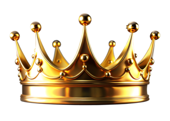 A gleaming golden crown with ornate details sits majestically against a stark black background