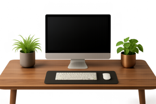 Home office desk setup with blank screen computer