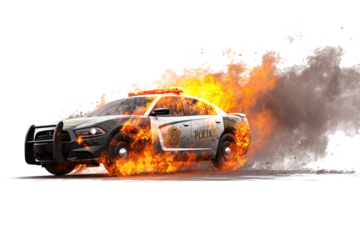 Police car engulfed in flames and smoke on a white background