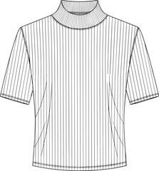 High-neck ribbed knit top technical fashion sketch, short sleeves, fitted silhouette, front and back view, cad drawing flat vector illustration