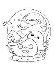 Halloween Magic Cute Ghost Hiding Behind Pumpkin under Full Moon – Vector Coloring Page