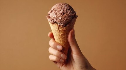 Hand holding a chocolate ice cream cone, melting slightly under warm light, creamy and realistic, isolated on plain background, no text, no logo