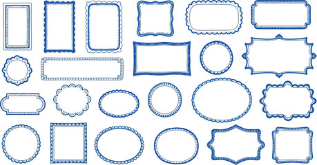 Hand Drawn Blue Frames, Borders Collection with Decorative Shapes on White Background