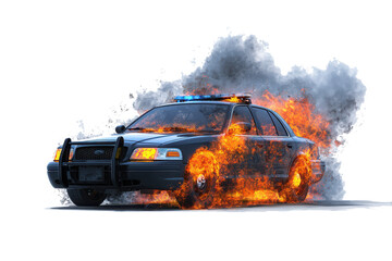 Burning police car with flashing lights and smoke against a white background