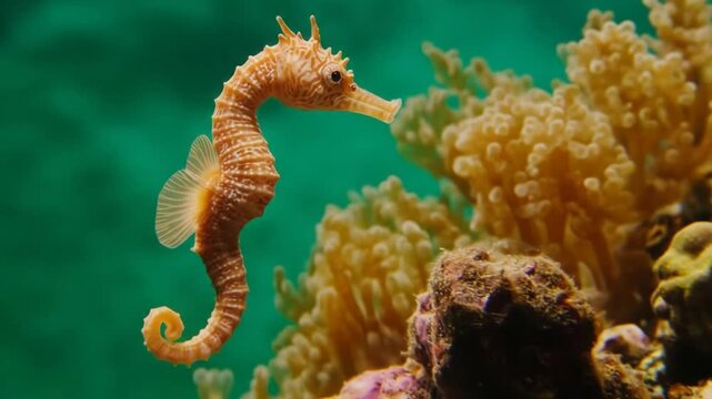 Seahorse displayed underwater near coral