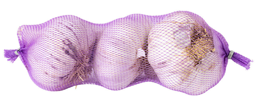 Three Garlic Heads in Purple Mesh Bag cut out