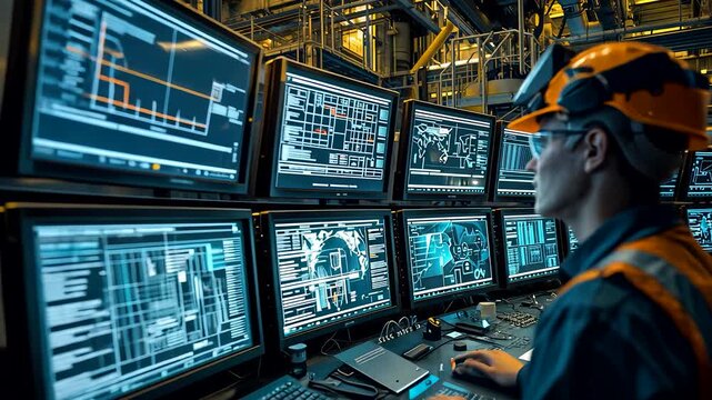 Engineer monitoring multiple digital control panels in industrial facility, managing complex system operations with advanced technology and data