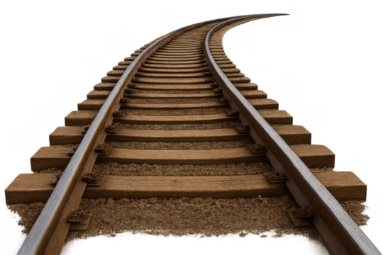 Railway track curving forward on transparent background