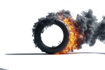 Burning tire emitting thick black smoke and intense orange flames
