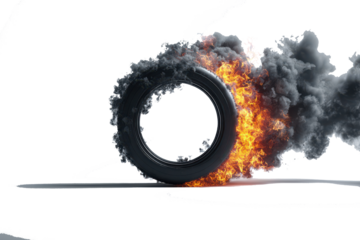 Burning tire emitting thick black smoke and intense orange flames