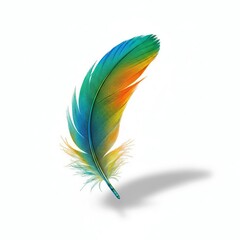 Curved Vibrant Macaw Feather with Strong Drop Shadow Isolated on White Background