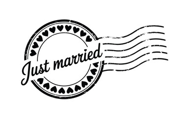 Just married wedding stamp with heart border and wavy lines