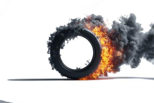 Burning tire emitting thick black smoke and intense orange flames