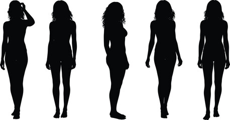 Silhouettes of person with curly hair, standing poses, front view, side view, three‑quarter view, casual posture, anatomy, fashion, design