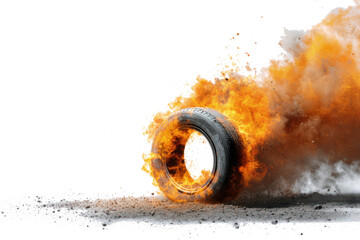 A car tire on fire with smoke and embers against a white background