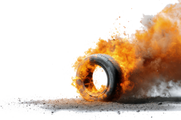 A car tire on fire with smoke and embers against a white background
