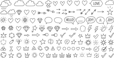 Hand Drawn Doodle Elements Icons, Cloud, Diamond, Arrow, Crown, Star, Heart on White