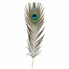 Fototapeta premium Vibrant Peacock Eye Feather Isolated Vertically on Pure White Background