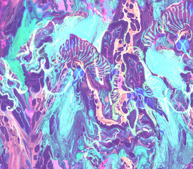 Abstract seamless pattern with liquid pouring of wavy light blue violet spots. Stylish combination of luxury contemporary art liquid acrylic texture.