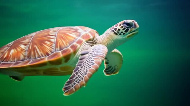 Sea turtle swimming underwater in sunlight