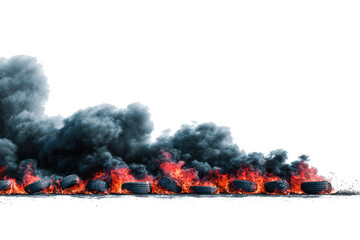 Intense fire with thick black smoke billowing against a stark white background