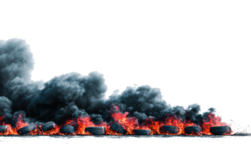Intense fire with thick black smoke billowing against a stark white background