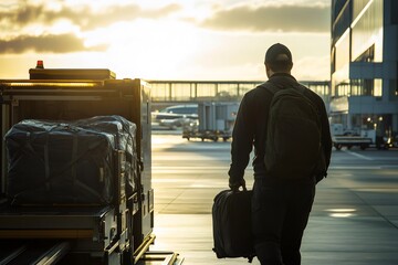 Airport ground crew member walking on the tarmac with baggage near a cargo loader at golden hour, handling transportation