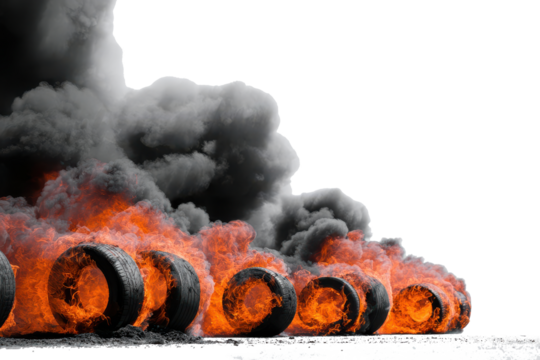 Row of burning tires emitting thick black smoke against a white background