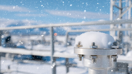 Close-up of icy pipeline supports and bolts, snow accumulation in an oil and gas facility, industrial detail