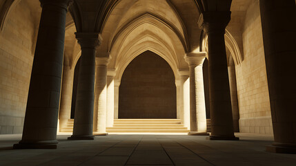 Fototapeta premium A grand hall with stone arches and columns, illuminated by soft natural light. The architecture evokes a sense of timeless elegance and architectural prowess.