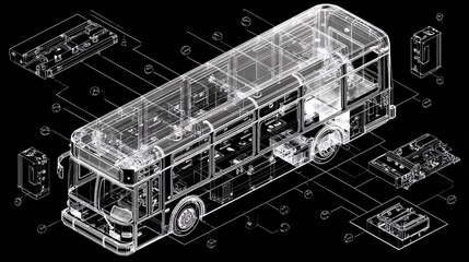 Exploded Technical Blueprint of Electric Bus with Components