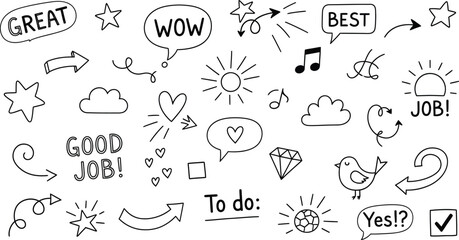 Hand Drawn Doodle Icon Set with Great Wow Best Elements on White Background