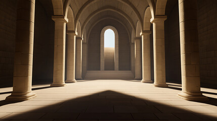 Obraz premium Interior stone corridor with columns and archways, illuminated by a bright window at the end. The architecture evokes a sense of history and grandeur.