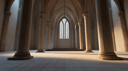 Architectural grandeur: A spacious hall bathed in light, featuring towering columns, arched ceilings, and a striking stained-glass window.