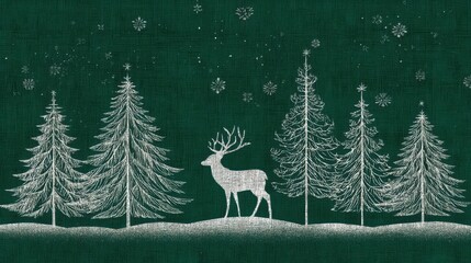 Naklejka premium Minimalist Scandinavian winter forest with monoline deer and pine trees, featuring clean negative space, linen texture, ideal for holiday card, web banner, and mobile wallpaper design. 