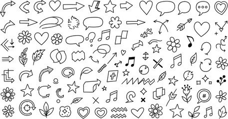 Fototapeta premium Hand Drawn Doodle Symbols Set with Hearts, Arrows, Stars, Flowers on Transparent Background