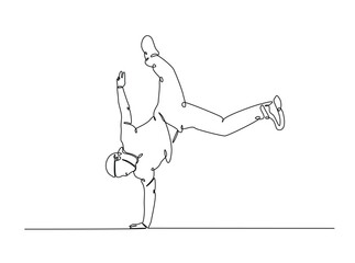 Young street dancer freestyle in single outline illustration. Continuous line art drawing of young dancer in freestyle break-dance movement. Editable stroke.