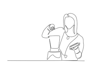 Woman make juice in single outline illustration. Continuous line art drawing of Young woman holds juicer. Editable stroke.
