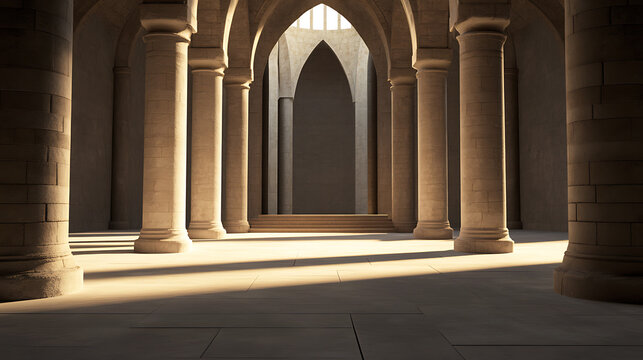 Architectural grandeur with pillars casting shadows on stone floor. Light illuminates an arched hallway, creating a serene, historic atmosphere. - Powered by Adobe
